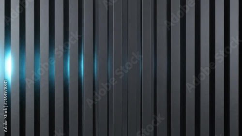 Metal vertical slatted panels reflect cyan backlight to create a futuristic textured surface.