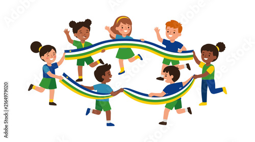 Diverse kids holding colorful banner, happy, playing together