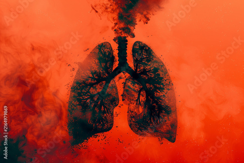 Human lungs depicted as crumbling into dust and debris against vibrant orange backdrop, symbolizing illness decay. Smoking addicted. Cancer concept. 