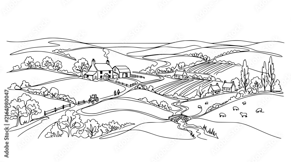 Fototapeta premium Rural Landscape Drawing, Farmhouse, Rolling Hills, Village Scene, Countryside Outline