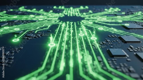 Circuit board motherboard features glowing green data pathways radiating from microchips in a high-tech computing concept.