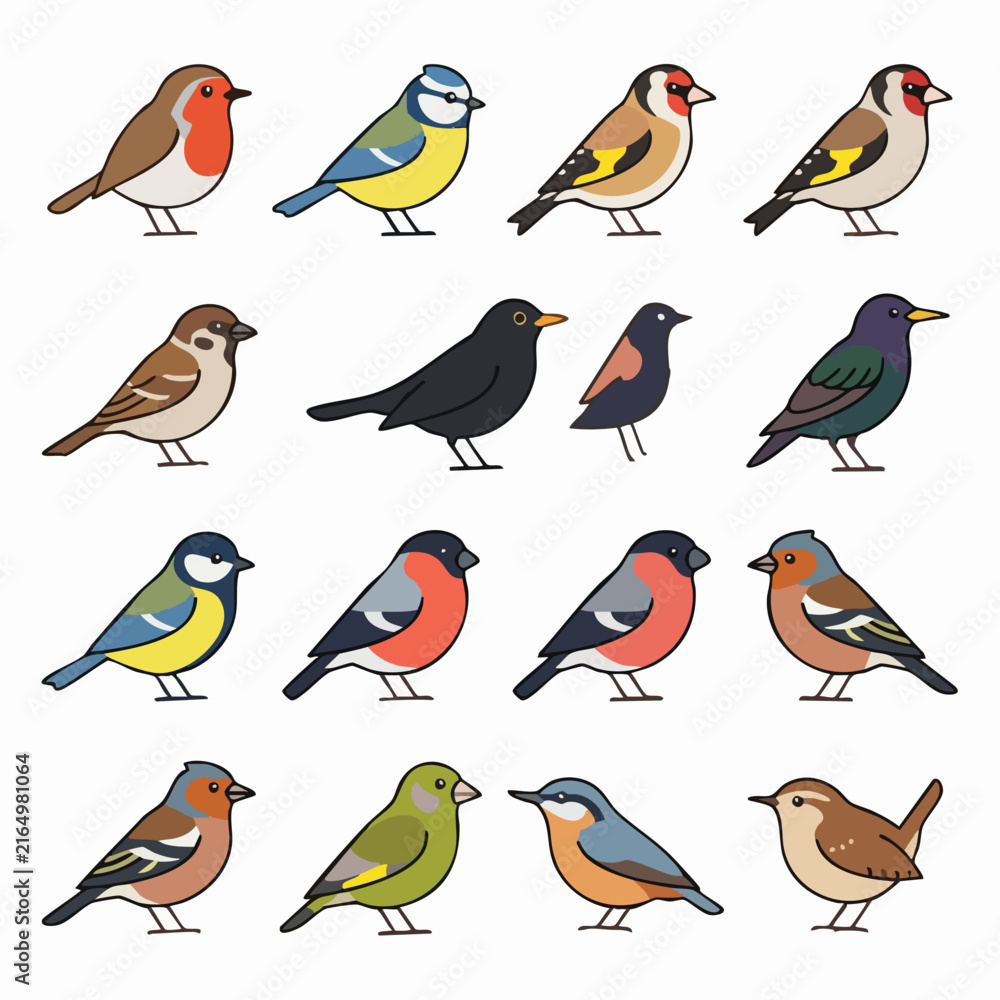 Naklejka premium Colorful Illustrated Bird Species Collection Art.