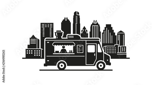 Foto Black and white silhouette illustration of a food truck parked in front of a city skyline
