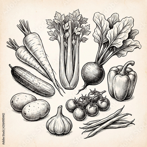 A detailed vintage-style engraving of various fresh farm vegetables, including carrots, celery, beets, bell peppers, tomatoes, garlic, potatoes, and green beans.