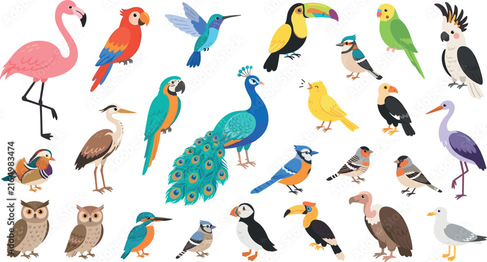Fototapeta premium Tropical and Exotic Birds Vector Icon Set Featuring Colorful Flamingo Parrot Peacock Owl Hummingbird and Toucan Illustrations for Wildlife and Nature Designs
