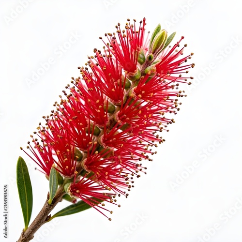 Crimson Red Bottlebrush Callistemon Flower Spike Branch Isolated on Clean White Background