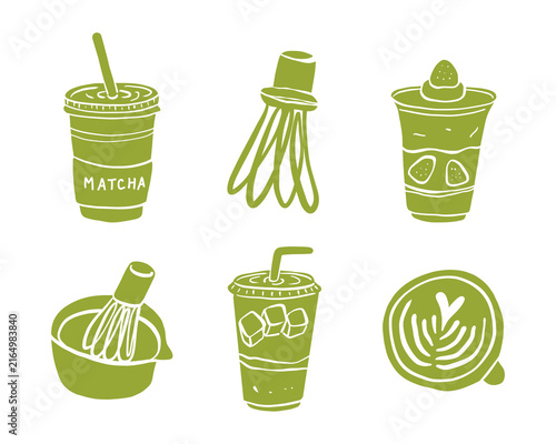 Green hand drawn matcha drink and tea tools set on white background, including cups, whisk, bowl and latte art. Simple cafe style food illustration for menus and branding.