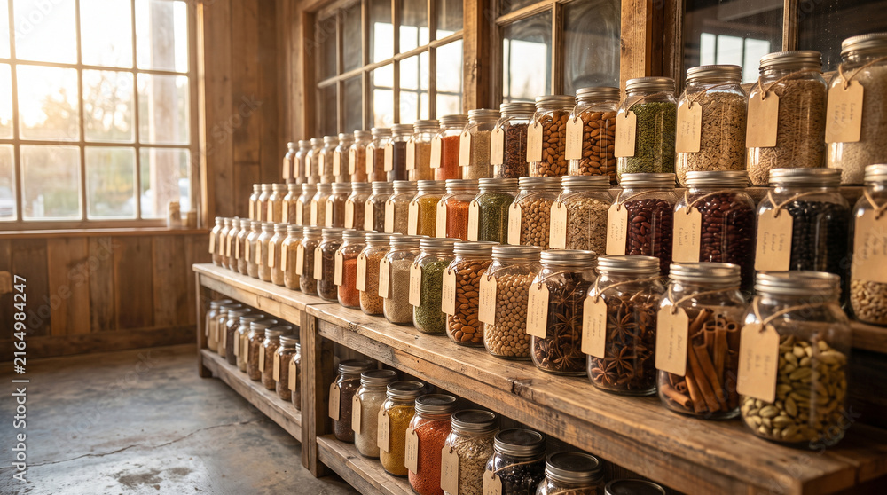 Fototapeta premium Wide view of a sustainable zero waste grocery store interior with glass jars on wooden shelves.