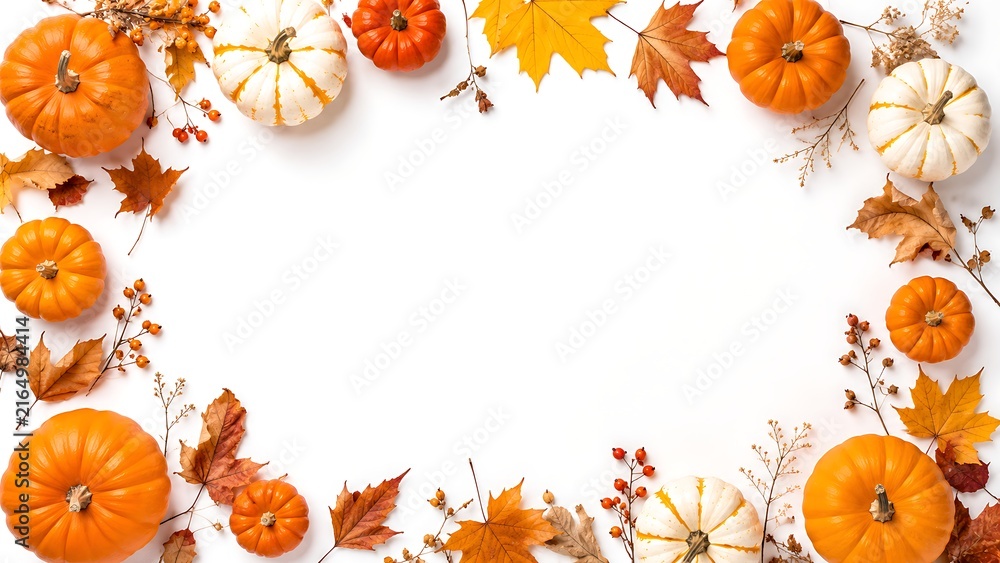 Fototapeta premium Autumn harvest frame with pumpkins and fallen leaves on white flat lay surface