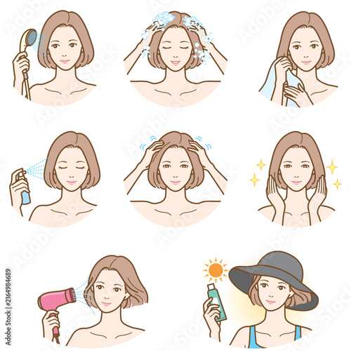 洗髪とヘアケアをする女性のイラストセット