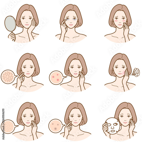 女性の肌悩みと肌トラブルのイラストセット