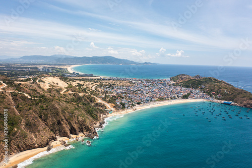 Aerial view of Nhon Hai Beach and coastal town near Quy Nhon, Vietnam