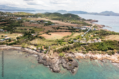 Aerial view of Quy Nhon coast with mountains and beaches, Vietnam.  Drone Photo