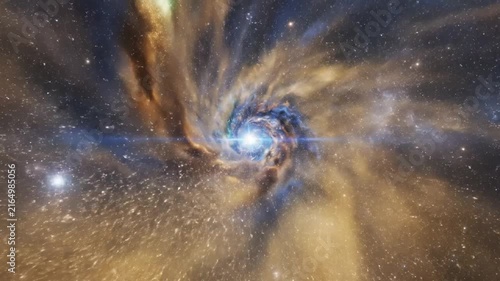 Cosmic galaxy swirl around a central bright star amidst golden stardust in outer space.