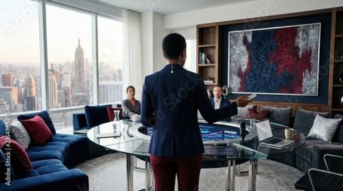 Dynamic Business Meeting In Modern Skyscraper Office With City View