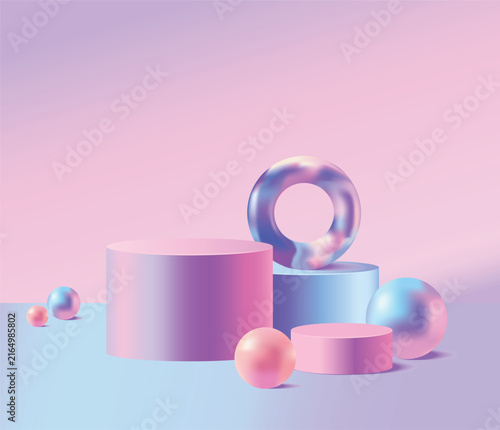 Vector Pastel Gradient 3D Geometric Podium Display with Minimal Abstract Shapes on soft pink and blue gradient background