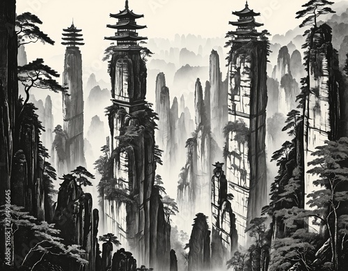 Vintage engraving woodcut illustration of Striking rock pillars of Zhangjiajie
