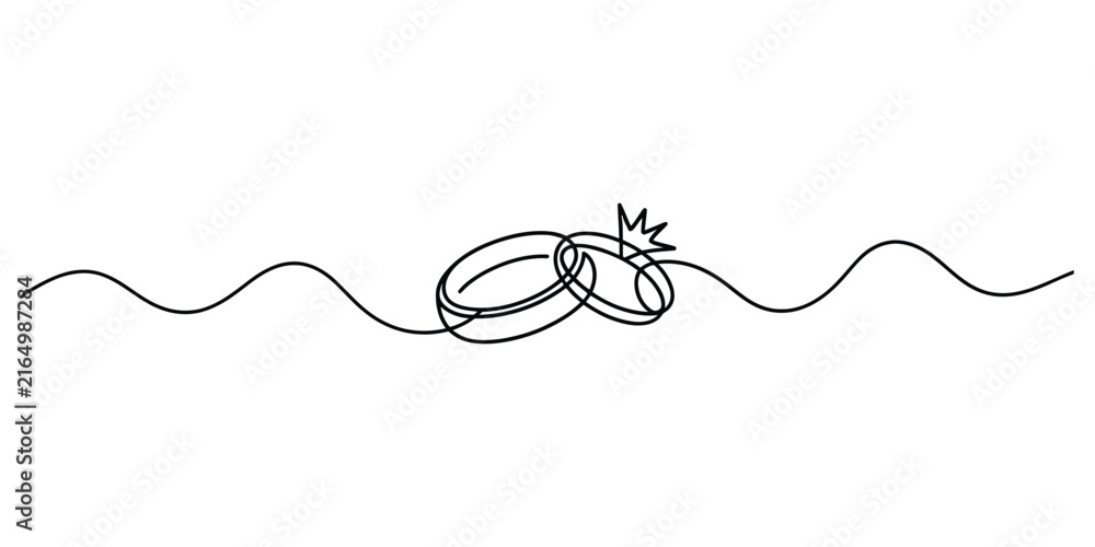 Obraz premium Continuous single line drawing of two wedding rings with a diamond engagement ring isolated on a white background for wedding and love concepts illustration