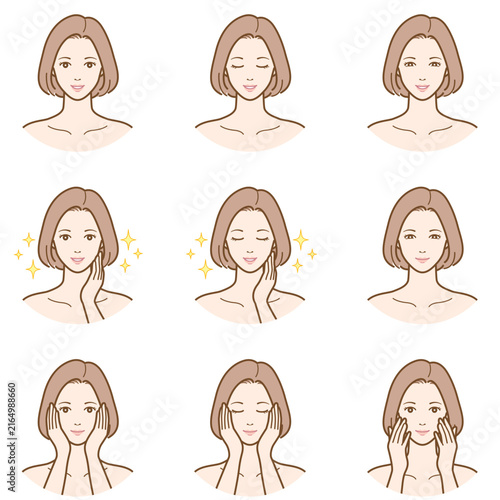 スキンケアと美肌の女性の表情イラストセット