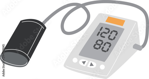 Upper arm blood pressure monitor with cuff showing normal reading／血圧計・上腕式で120/80表示