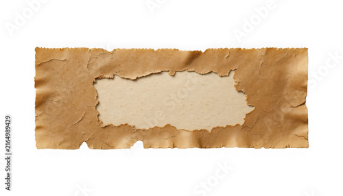 Aged parchment paper with a rectangular cutout revealing a lighter inner texture against a neutral background.
