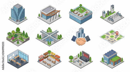 Isometric cityscape with modern buildings and urban infrastructure.