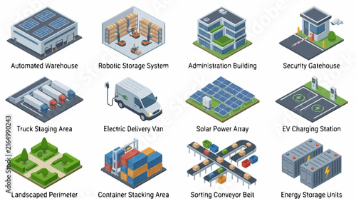 Isometric illustrations of modern industrial and architectural facilities.