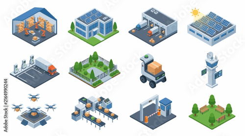 Isometric illustrations of modern technology and industrial concepts.