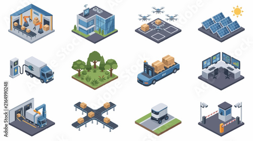 Isometric icons of technology, industry, and modern infrastructure.