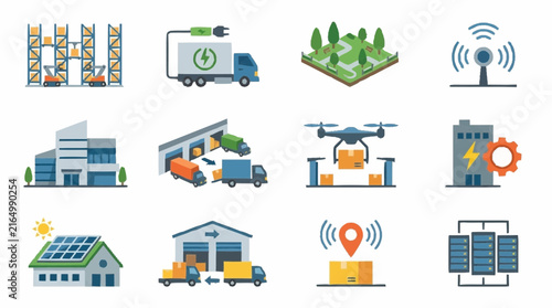 Flat design icons for modern logistics and smart technology concepts.