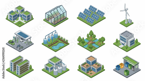 Isometric illustration of eco-friendly sustainable buildings and green energy.