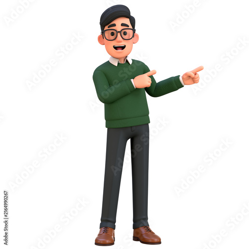 3D Office Man Employee Character Pointing to Left