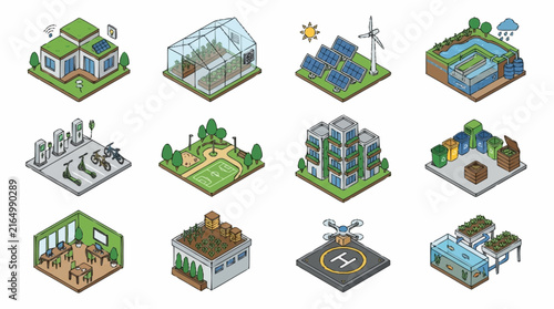 Isometric illustrations of eco-friendly buildings and green energy concepts.