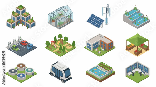 Colorful isometric illustrations of modern eco-friendly buildings and infrastructure.