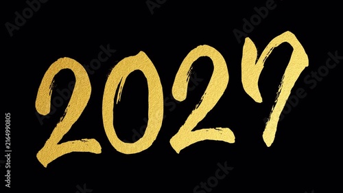 2027 Brush Calligraphy Number Animation, gold ink reveal with alpha channel, New Year