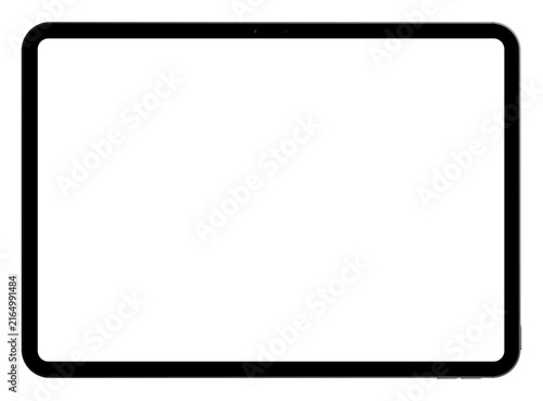 Realistic black horizontal tablet empty screen frame overlay mockup. Mobile pad display template isolated on transparent bg. Device front view. Display boarder for social media. Vector illustration