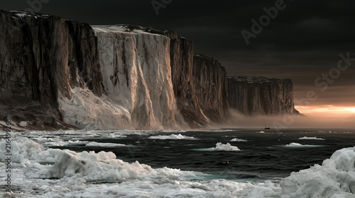The ice-covered Arctic coast and the vast sea.