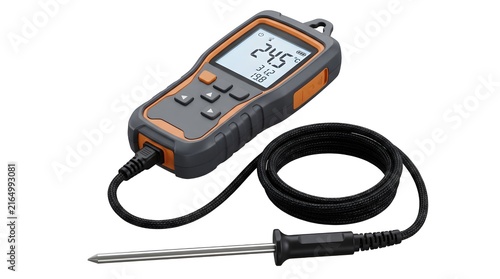 Electronic temperature detection meter with probe sensor, modern industrial design, realistic 3D render, isolated on pure white background