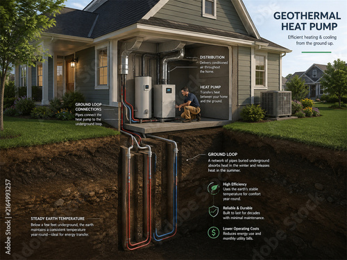 Geothermal heat pump system shown beneath a suburban home with underground loops equipment labels and energy flow details explaining efficient heating cooling clean technology and home electrification