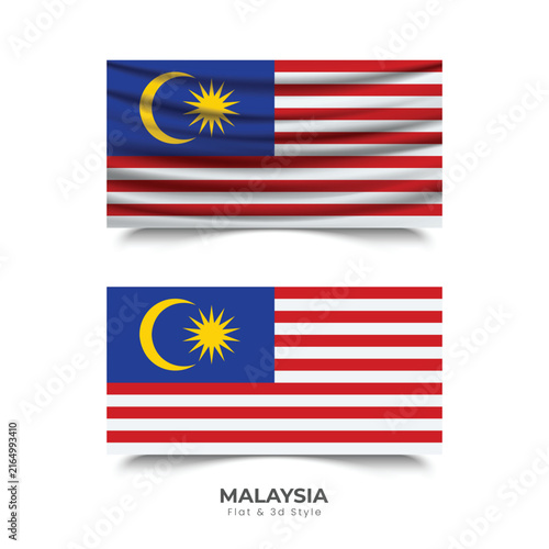 Malaysia Flag Set in Waving 3D Fabric and Flat Vector Style