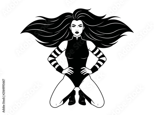 Картината върху платно Powerful Female Superhero Vector Illustration, Black and White Comic Heroine wit
