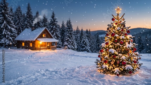 Cozy Winter Cabin with Decorated Outdoor Christmas Tree in Snow and Copy Space. 