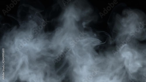 Thick white smoke swirls and billows against a dark black background, creating abstract ethereal patterns.
