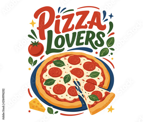 Pizza Lovers Italian Pizza Illustration with Pepperoni, Basil and Melted Cheese