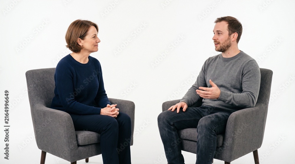 Obraz premium Two people sitting in chairs talking to each other in a studio setting