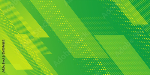 dynamic background with diagonal geometric shapes in various shades of green and yellow. The diagonal striped and halfone dot patterns add depth and movement, giving it a modern and energetic feel.