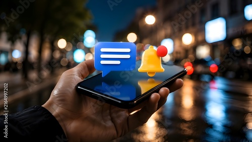 Hand holding smartphone with 3D notification bell and message bubble at night, representing social media alerts, incoming emails, and mobile communication in city.