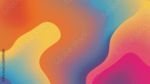 A vibrant abstract background features smooth flowing liquid shapes in gradients of orange, yellow, pink, and blue.