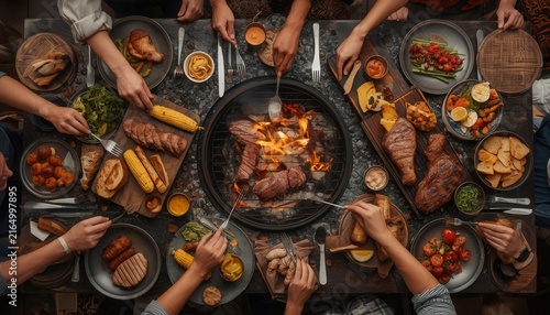 Feast of Friends: A group of people gathers around a table laden with delicious food, sharing a communal meal of grilled meats, vegetables, and side dishes.