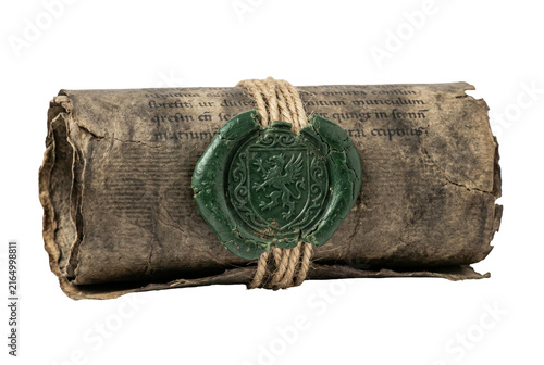 Ancient weathered scroll with green wax seal on black background